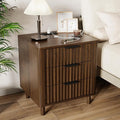 Fluted Nightstand with Charging Station, Multifunctional 3 Drawers Storage Bedside Table, Solid Wood Modern Nightstand, Curved Profile Design, End Table for Indoor Room Bedroom Office, Walnut