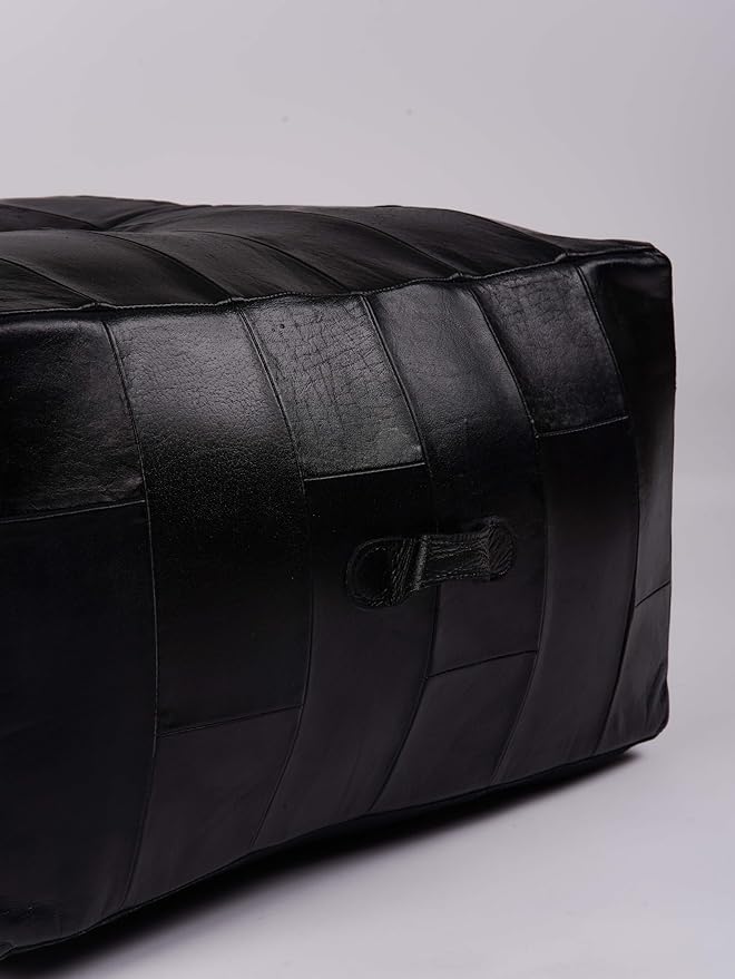 Handmade Eco-Friendly Geometric Leather Pouf Black Color Square 26" x 26" x 14" Buffalo Leather Pouf for Living Room, Bedroom Seating, Patio