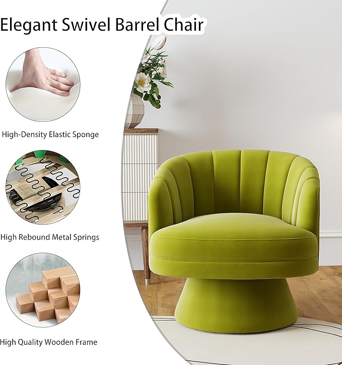 Swivel Accent Chair Set of 2,Upholstered Velvet 360° Swivel Barrel Chair for Living Room Overstuffed Bouncle Reading Chair Round Armchair for Bedroom,Vanity,Office (Grass Green)