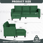 JY QAQA Convertible Sectional Sofa Couch with 3-Seat Sofa, L-Shaped Ottoman Couch with Modern Linen Fabric for Small Living Room, Apartment and Small Space(Green)