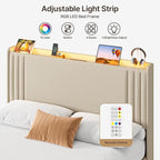 Gizoon Queen Bed Frame with Charging Station and LED Lights,Upholstered Wingback Platform Bed with Wooden Slats,Noise-Free,No Box Spring Needed