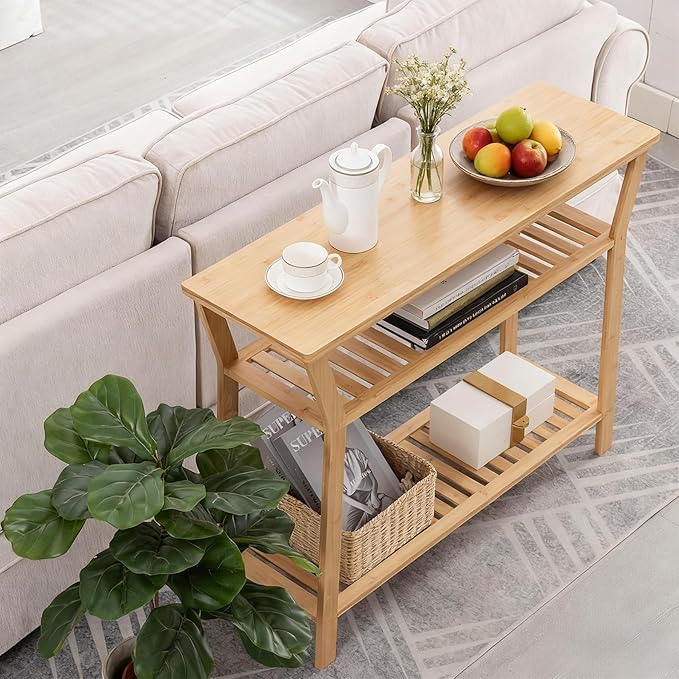 Nnewvante 38.6" Console Table, Bamboo Entryway Table with 3-Tier Storage Shelves, Narrow Sofa Table, Display Table for Entrance, Hallway, Living Room, Foyer