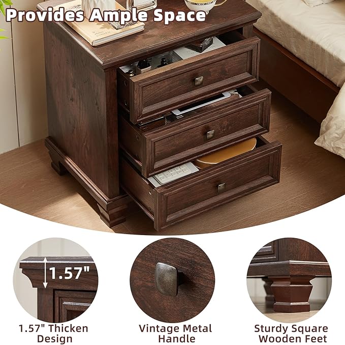 Farmhouse Nightstand Set of 2, Rustic Couch End Table with 3 Drawers & 4 Square Solid Wood Legs, Vintage Bed Side Table with Storage, Small Dresser for Bedroom, Living Room, Walnut