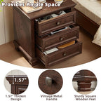 Farmhouse Nightstand with 3 Drawers, Rustic Couch End Table with 4 Square Solid Wood Legs, Mid-Century Modern Bed Side Table with Storage, Small Dresser for Bedroom, Living Room, Walnut