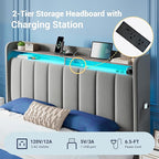 Allewie Velvet Vertical Tufted Queen Upholstered Platform Bed Frame with 2-Tier LED Storage Headboard & 2 Storage Drawers, USB & Type-C Charging Ports, Noise-Free/No Box Spring Needed, Grey