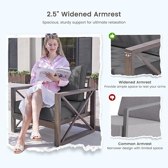 UDPATIO Aluminum Patio Furniture Set, 7 Seats Outdoor Patio Sets with Coffee Table, Faux Wood Patio Furniture Set Metal Modern Outdoor Sectional for Deck Porch Patio, Dark Grey