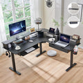 RedLemon 60 Inches L Shaped Electric Standing Desk, Height Adjustable Corner Gaming Desk with Drawers, Power Outlets & LED Lights, Computer Desk with Monitor Shelf, Carbon Fiber Black