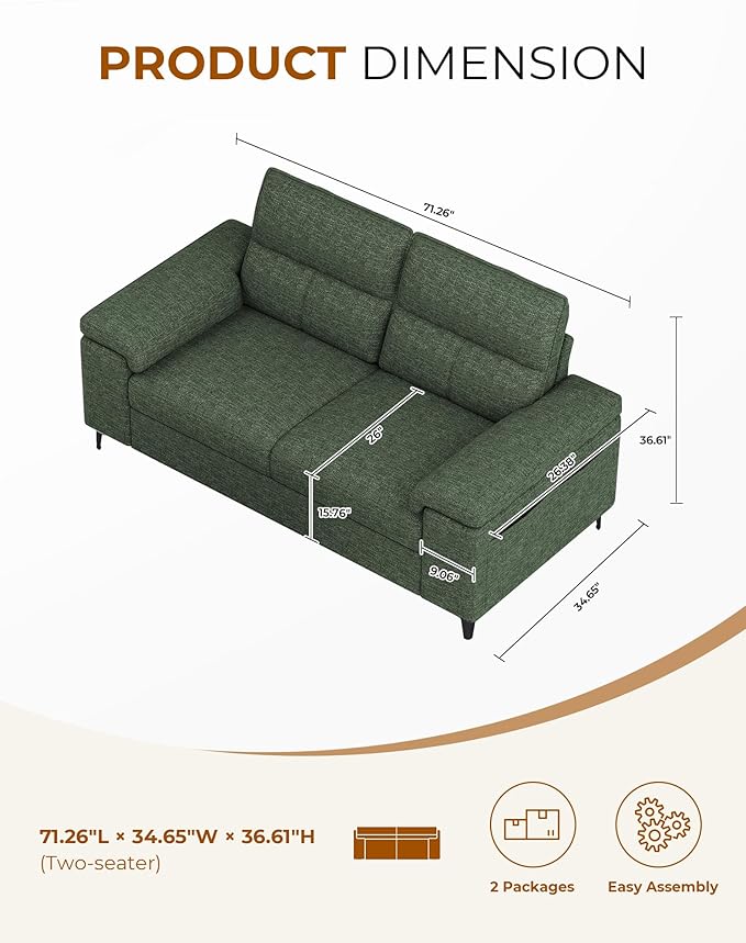 71.25" Modern Sofa Couch for Living Room, Deep Seat Sofas with 8”Cushion, Comfy 2-Seater Chenille Loveseat with Convertible Armrest, Removable Sofa Cover, High Leg(Green)