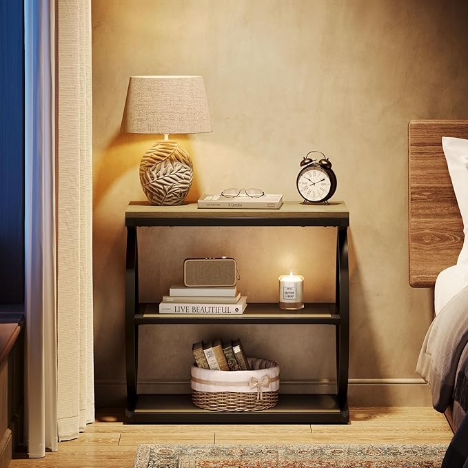 Tribesigns End Table, Narrow 3-Tier End Table for Living Room, Industrial Wooden Side Table with Metal Frame, Small Bedside Nightstand for Bedroom, Small Spaces, Grey
