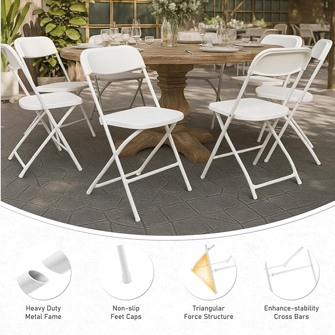 10 Pack White Plastic Folding Chairs for Outside, Portable Stackable Commercial Metal Foldable Chairs with Steel Frame for Home Events Office Wedding Party, 350lbs Capacity