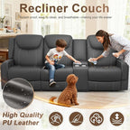 Recliner Sofa, 2 - Way Multi - Function Manual 3 Seater Couch with Cup Holders, Storage & USB Ports, Modern Multifunctional Sofa, Breathable Grey PU Leather Reclining Couch for Living Room