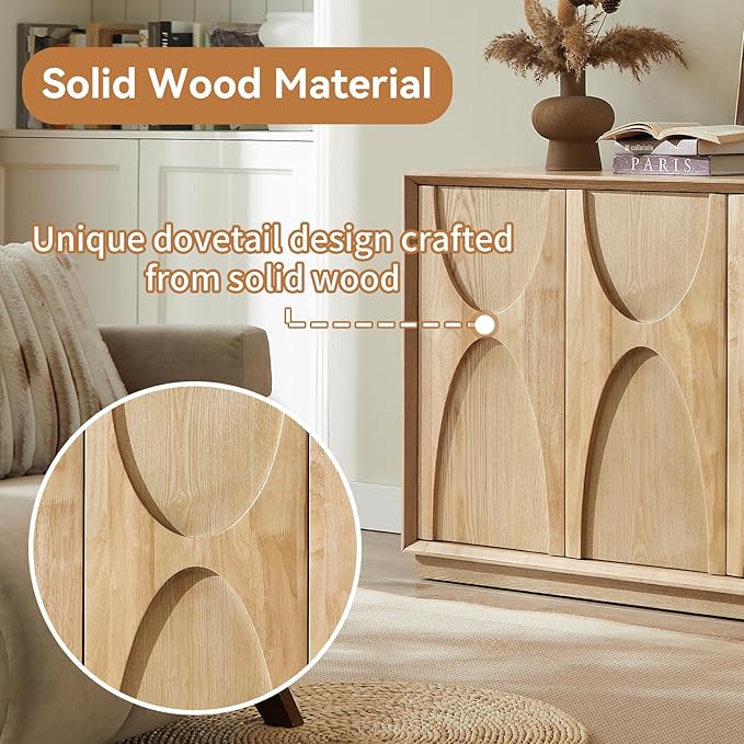 LKTART 59" Sideboard Buffet Cabinet Retro Accent Storage Cabinet with Magnetic Door Latches Adjustable Shelf for Living Room Kitchen(Natural Oak)
