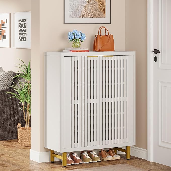 Tribesigns Shoe Cabinet with Shutter Doors, 6-Tier Entryway Shoe Cabinet with Adjustable Shelves, Wooden Modern Rack Organizer for Entryway, Hallway, Closet, Living Room, White