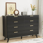 Black Fluted 8 Drawer Dresser for Bedroom, Chest of Drawers with Solid Wood Legs, Modern Dresser Chest Cabinet Organizer with Golden Handles, Beside Table for Closet,