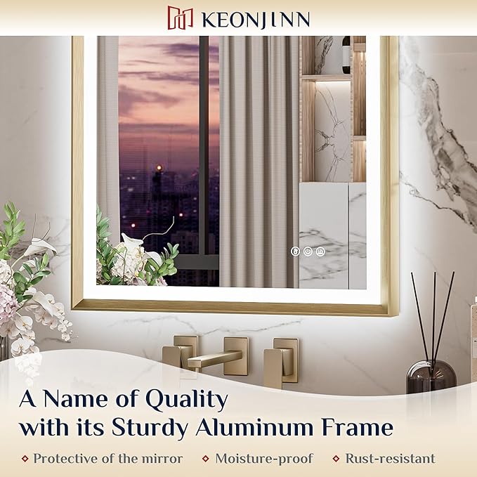 Keonjinn Gold LED Bathroom Mirror 24 x 36 Inch with Frontlit & Backlit, Lighted Mirrors Metal Framed for Wall, Stepless 3 Colors Lights, Anti Fog, Tempered Glass, Brighter and No Dark Corner