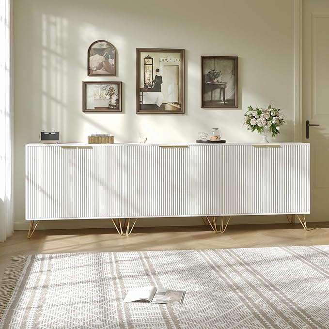 Fluted Storage Cabinet, Set of 3, Sideboard Buffet Cabinet, Modern Wood Accent Table with Adjustable Shelves, Console Table for Living Room, Hallway, Entryway, White