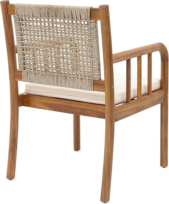 Christopher Knight Home Vera Outdoor Dining Chairs Set of 2, Acacia Wood Dining Chairs, Rattan Woven Back Armchair, Armchair with Cushion Seat, Patio Chair for Poolside Garden Balcony, Teak+Cream
