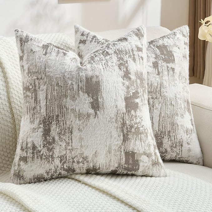FUTEI Coffee White Decorative Throw Pillow Covers 24x24 Inch Set of 2,Soft Faux Cashmere Jacquard - Textured & Cozy Euro Pillow Shams,Modern Home Decor for Couch Bed Living Room
