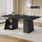 63 in Executive Desk with Power Outlets, Modern Home Office Desk with Storage Cabinet, Wood Computer Desk Business Workstation Desk Conference Table (Black)
