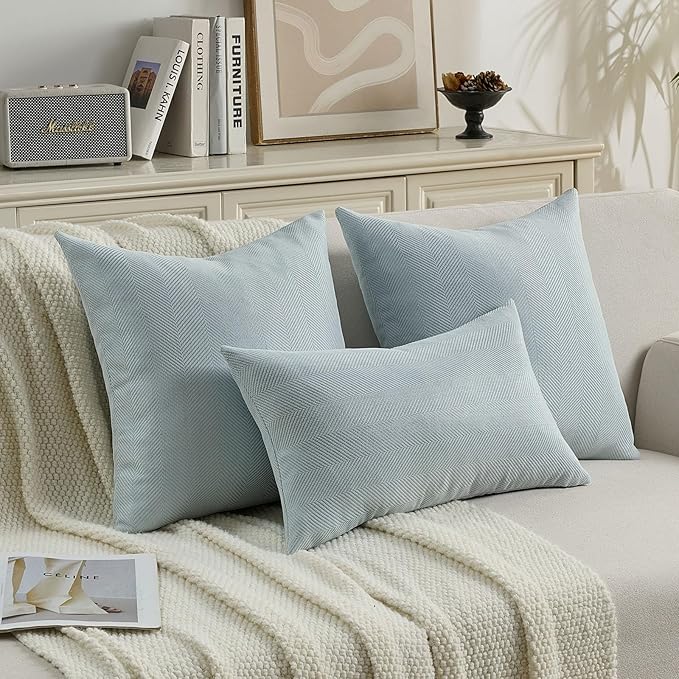 FUTEI Light Blue Chenille Throw Pillow Covers 18x18 Inch Set of 2,Soft Wide Chevron Textured Cushion Case,Farmhouse Home Decor for Couch Bed Living Room