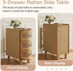 Tribesigns Solid Wood End Table, 3-Drawer Rattan Side Table, Night Stand with 3 Rattan Drawers and Exquisite Embossed Handles for Living Room, No Assembly Required (1, Oak)