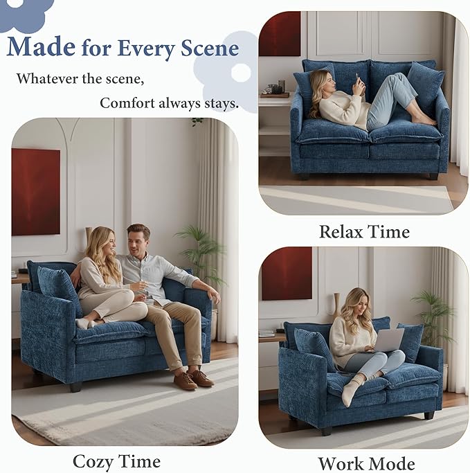 50" Loveseat Sofa Small Cloud Couch | Mini Chenille Love Seat Couches with 2 Pillows | 27.16" Deep Seat for Small Spaces Bedroom Dorm Apartment | Blue
