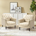 Faux Leather Accent Chair, PU Leather Modern Comfy Upholstered Armchair with Wood Legs & Nailhead Trim for Living Room, Bedroom (Beige,Set of 1)