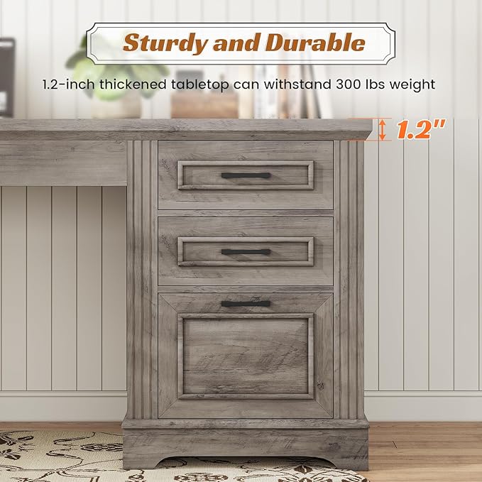 SEDETA Executive Office Desk with 3 Drawers, Farmhouse 55" Computer Desk with Storage File Drawers & Power Outlet for Home Office, Grey