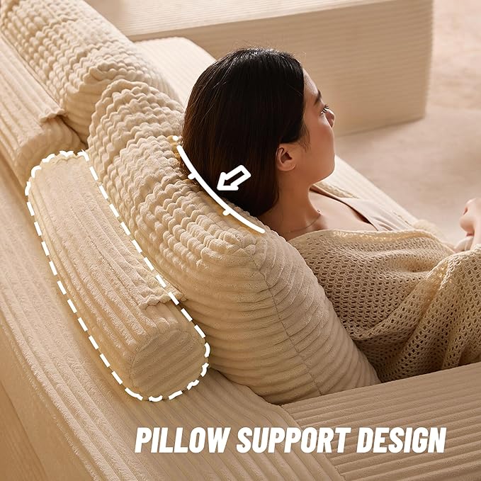 Chaise Lounge Chair, Sleeper Couches, Boneless Couch for Living Room and Bedroom, Corduroy, White