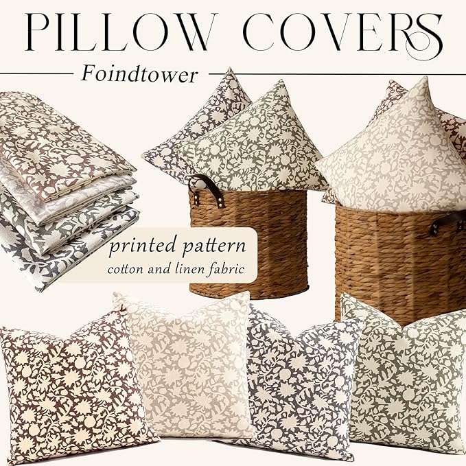 Foindtower Set of 2 Decorative Neutral Floral Throw Pillow Covers Accent Farmhouse Cushion Covers Boho Vintage Pillowcase for Couch Sofa Bedroom Living Room Home Decor,20×20 Inch,Wine Red
