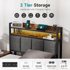 Z-hom Twin Bed Frames, Twin Bed Frame with 2-Tier Storage Upholstered Headboard, Metal Platform with USB Charging Station & LED Lights, Noise Free, No Box Spring Needed, Easy Assembly, Vintage Brown