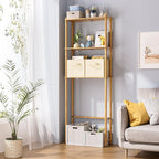 AmazerBath Over The Toilet Storage Bamboo, 3-Tier Over Toilet Organizer Rack with 2 Fabric Storage Bins, Freestanding Toilet Shelf for Bathroom Laundry Space Saver, Natural Color