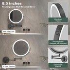 Hasipu 8.5-Inch Wall Mounted Makeup Mirror with Magnification, Rechargeable 2000 mAh Vanity Mirror with Lights, Bathroom Mirror with Dimmable Brightness, 3 Lighting Modes, Extendable Arm, Black