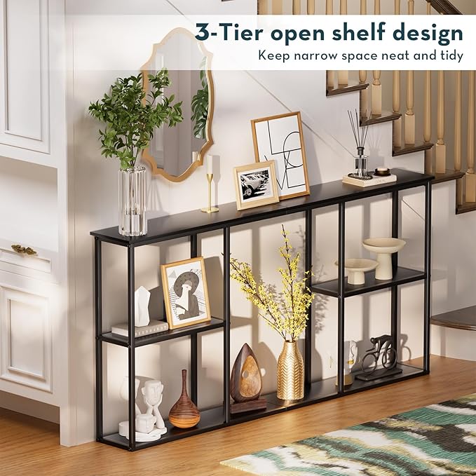 WOHOMO Black Console Table,3-Tier Small Entryway Table,Long Sofa Table for Hallway,Living Room(63 inch)