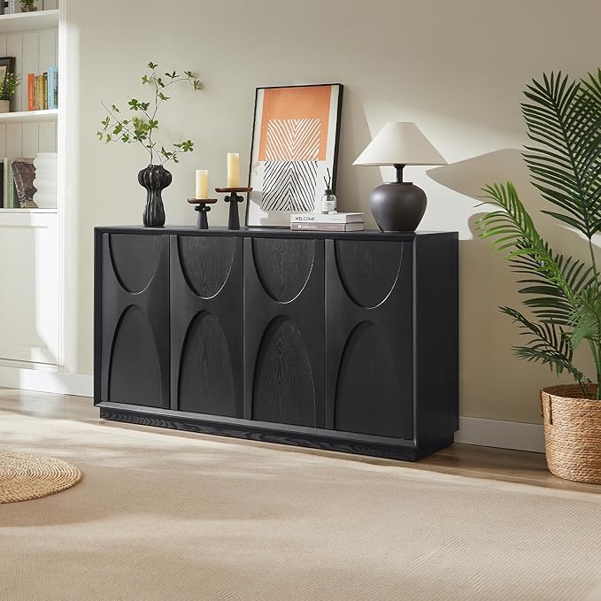 LKTART 59" Sideboard Buffet Cabinet Retro Accent Storage Cabinet with Magnetic Door Latches Adjustable Shelf for Living Room Kitchen(Black)