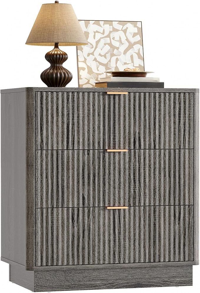 Mid Century Modern 3 Drawer Dresser for Bedroom, Fluted Wood Nightstand with Round Edge Design, Shallow Bedroom Storage for Closet, Living Room（Charcoal Oak）