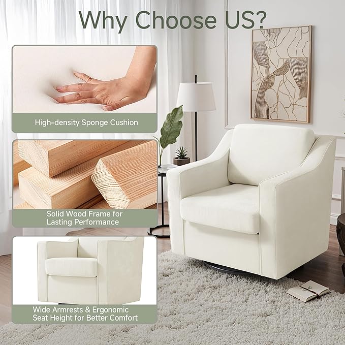 UIXE Swivel Accent Chair, Chenille Upholstered Arm Chair for Living Room, Modern Club Armchair Comfy Single Sofa Bedroom Reading Seat with Lumbar Pillow - Cream Beige