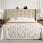 Queen Size Headboard with Charging Station, Ergonomic Upholstered Linen Headboards Only, Wingback Wood Bed Head Board with Storage Pocket, Bed Frame Adapters, Beige