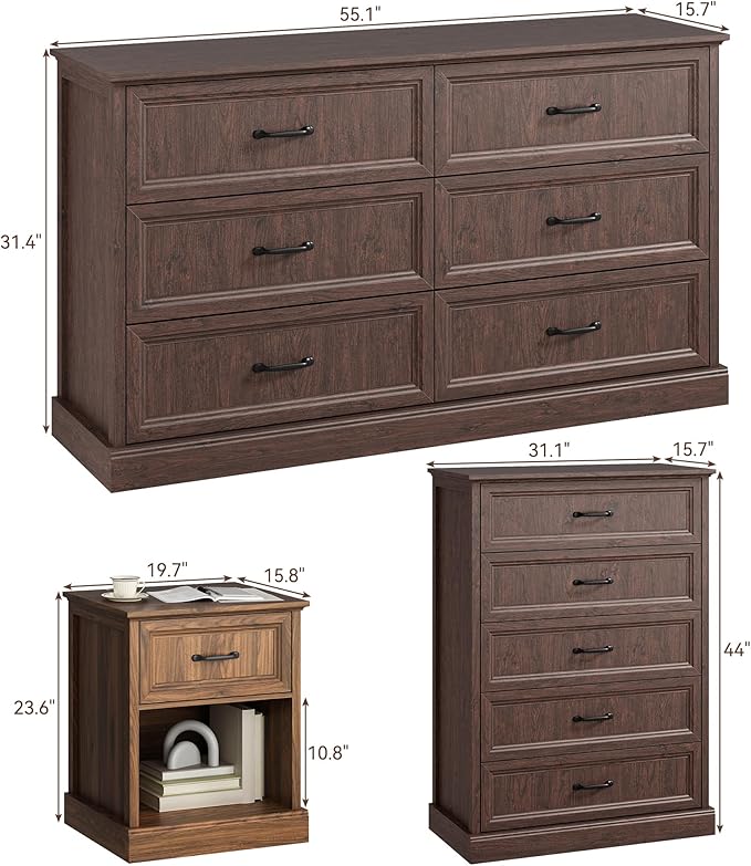 CARPETNAL Farmhouse Dresser and Nightstand Sets for Bedroom, 4 Pcs Bedroom Set, 5 Drawer & 6 Drawer Dresser and Nightstand Set of 2, Wood Chest of Drawers for Living Room, Entryway, Brown