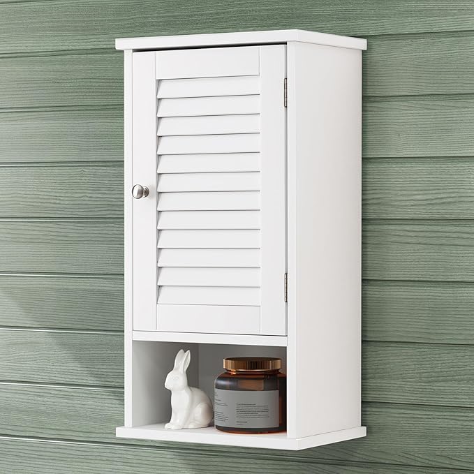 Small Bathroom Wall Cabinet, Slim Single Louvered Door Narrow Over The Toilet Storage, Adjustable Shelves, Space Saver Organizer, 13.4x8.9x25.3 inches