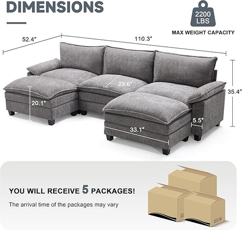 114 Inch Cloud Couch Sectionals with Ottoman, Big Comfy Modular Couches, Cloud Sofas, L Shaped 5 Seat Modular Sectional Sofa, Modern Sectional Couches for Living Room, Deep Seat Sofa, Grey