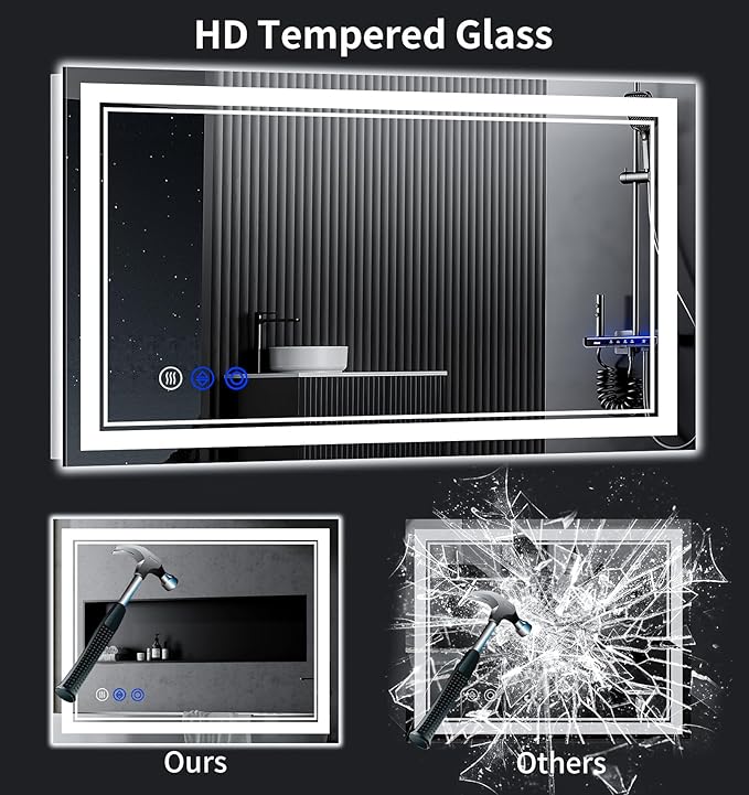 50"x30" LED Bathroom Mirror with Anti-Fog, Stepless Dimmable Lights, 3 Color Modes, Shatter-Proof Tempered Glass, Memory Function & Waterproof Design