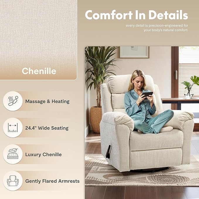 FLEXISPOT XRC6 Nursery Swivel Rocker Recliner with Massage & Heat, Rocking Glider Chair w/ 28" High Back, Comfy Upholstered Armchair for Living Room Nursery, FSC Certified(Premium Chenille, Beige)
