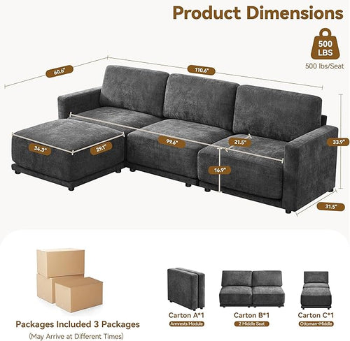 110.6" L-Shaped Modular Sectional Sofa Modern Chenille Comfy Couch with Thickened Seat Cushions, Easy Assembly, Upholstered 4 Seater Couch with Movable Ottoman for Living Room, Grey