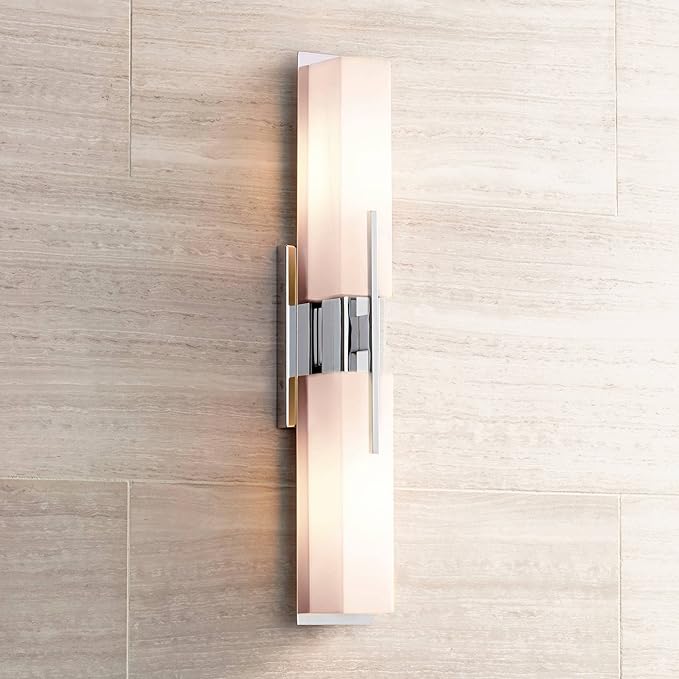 Possini Euro Design Midtown Modern Wall Lights Set of 2 Chrome Silver Metal Hardwired 4 1/2" Fixture White Glass Rectangular Shade for Bedroom Bathroom Vanity Living Room Home Hallway Dining House