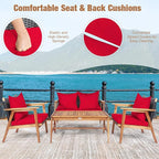 COSTWAY 4 Pieces Acacia Wood Patio Conversation Set, Outdoor Wicker Sofa with Coffee Table & Cushions, Patio Rattan Furniture Set for Yard, Porch, Poolside, Balcony, Backyard, Red