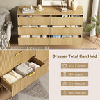 CARPETNAL Fluted 6 Drawer Dresser for Bedroom, 55" Wide Wooden Chest of Drawers with Rounded Corners, Gold Handles, Modern Storage Organizer for Bedroom, Hallway(Oak)