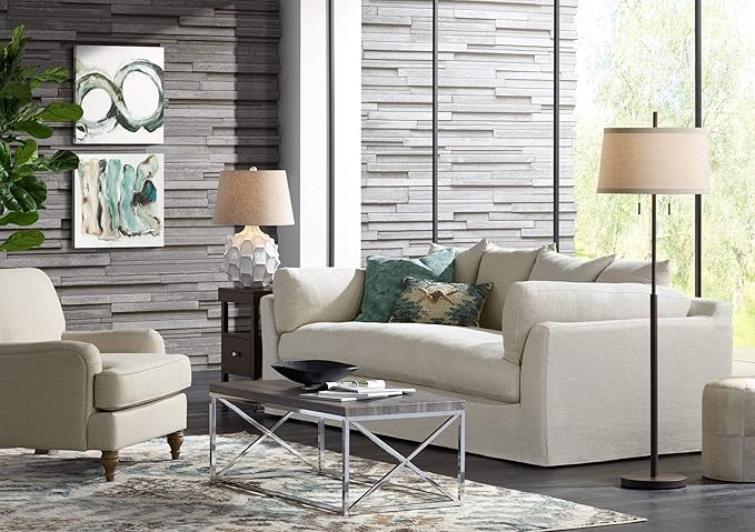Possini Euro Design Nayla Modern Floor Lamp Standing 62.5" Tall Bronze Steel Slender Column Off White Fabric Tapered Drum Shade Decor for Living Room Reading House Bedroom Home