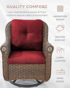 Patio Chairs Outdoor Swivel Glider - Set of 4 High Back Outside Brown Wicker Rattan Rocking Chair with Thick Cushion for Porch Apartment Deck Yard Poolside Garden - Red