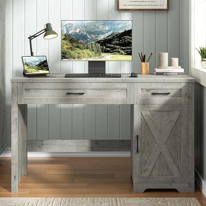 Vabches Farmhouse 51" Executive Desk,Computer Desk with Drawers and Storage Cabinet, Home Office Desk for Work and Study.Grey